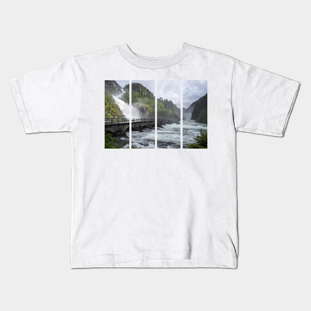 Wonderful landscapes in Norway. Vestland. Beautiful scenery of Latefossen waterfall under the Lotevatnet lake on the Hardanger scenic route. Mountains, trees in background. Cloudy day Kids T-Shirt by fabbroni-art